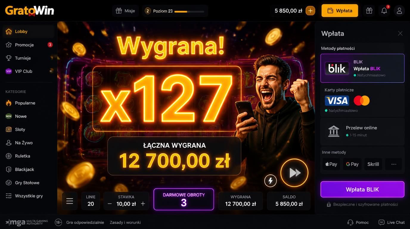 Ekran automatu z wysokim mnożnikiem i płatnościami w PLN po polsku